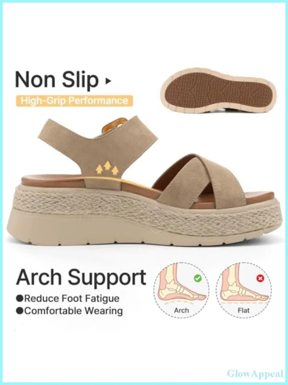 Women's Platform Sandals Low Wedge Orthopedic Arch Support Hook & Loop